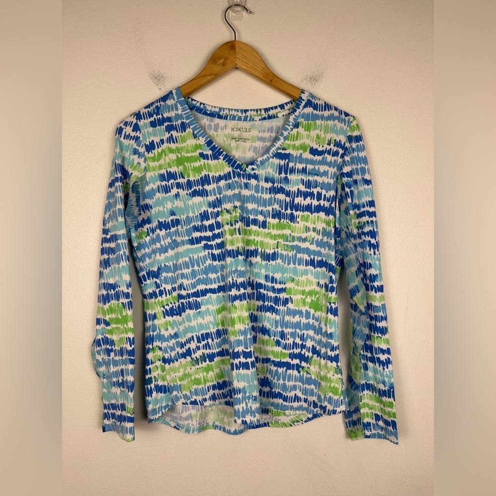 Icikuls Pullover Mesh Blue Green Long Sleeve Stretch Golf Women’s Sz M‎